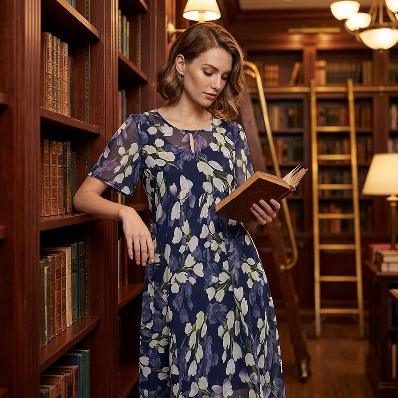 Ženska obleka A-kroja s cvetličnim vzorcem👗-SI