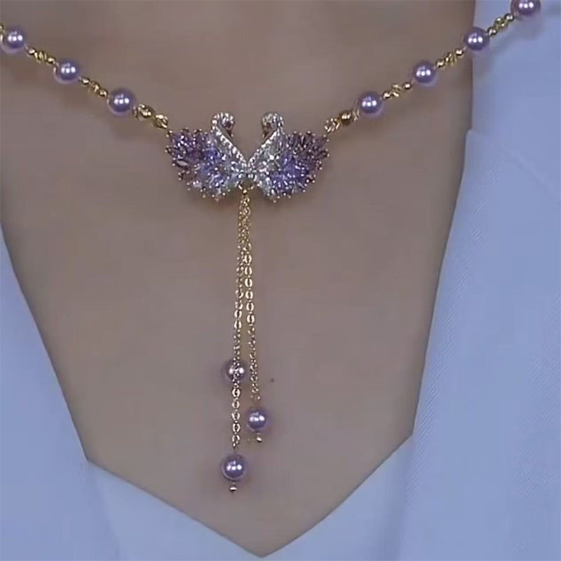 Dvigubos gulbės vėrinys su violetiniu pakabuku-LT